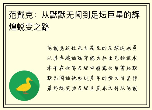 范戴克：从默默无闻到足坛巨星的辉煌蜕变之路